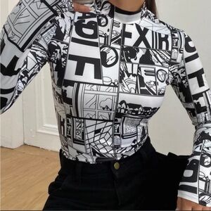 Graphic Print Long-Sleeve Mock Neck Top - Black & White